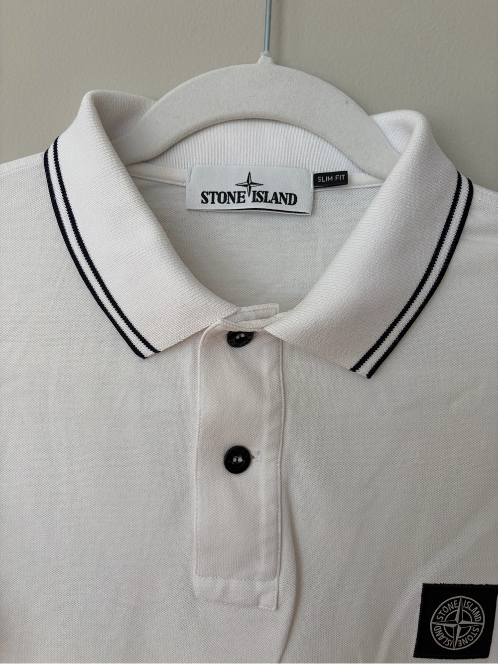 Stone Island White Polo with Black Double-Stripe Collar